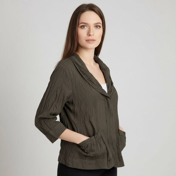Lan Vie Olive Green Textured Zip-Front Lightweight Jacket Size Large Lagenlook - Picture 1 of 4